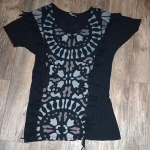 Free People Black and Gray Fringe Animal Print Women's Tunic/Swimsuit Cover